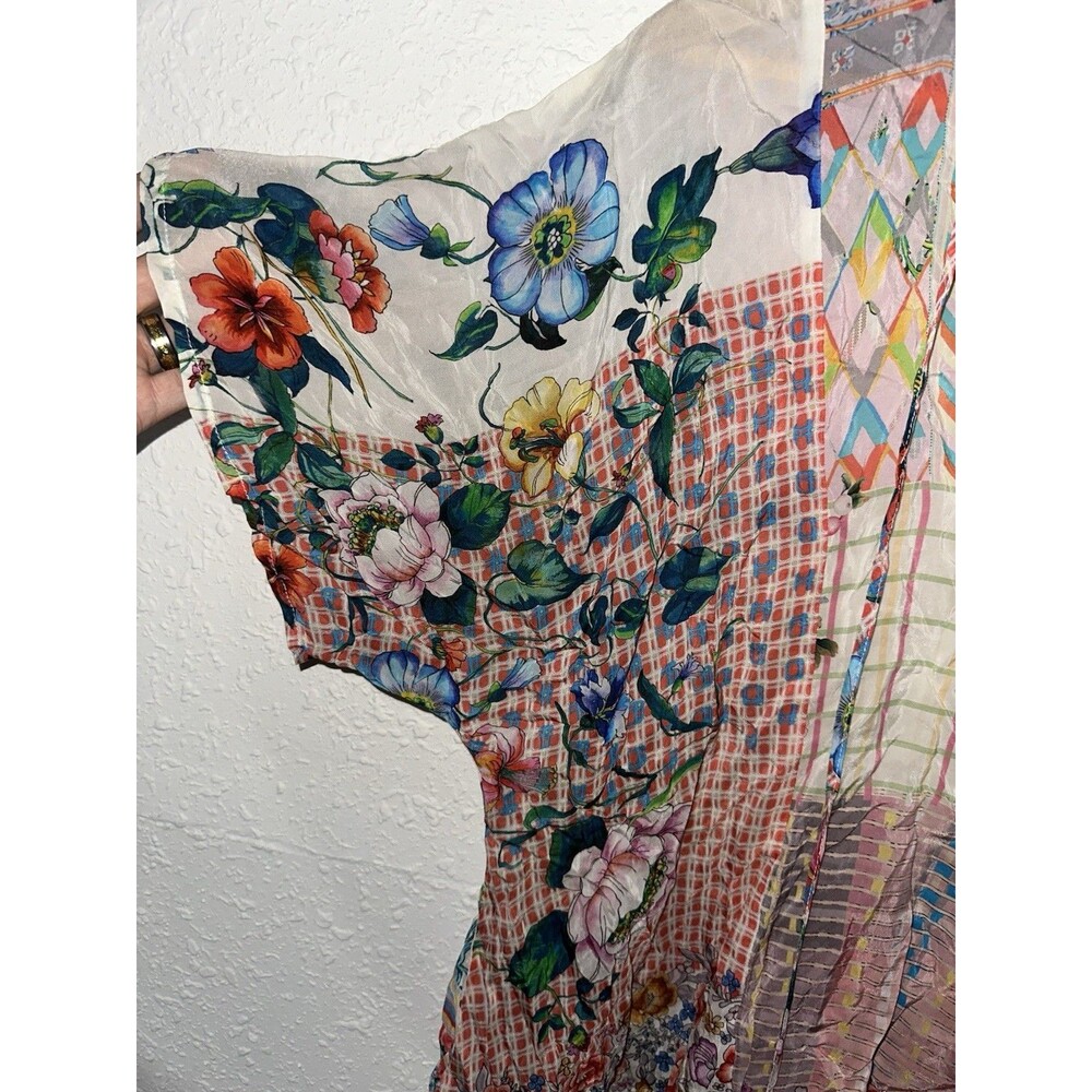 Johnny Was Light Pink White Floral Plaid Multicolor Zadie Satin Tassel Tunic Top - Picture 2 of 5